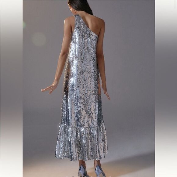 NEW Anthropologie Maeve Sequin One Shoulder Ruffle Midi Dress Silver - Picture 12 of 13